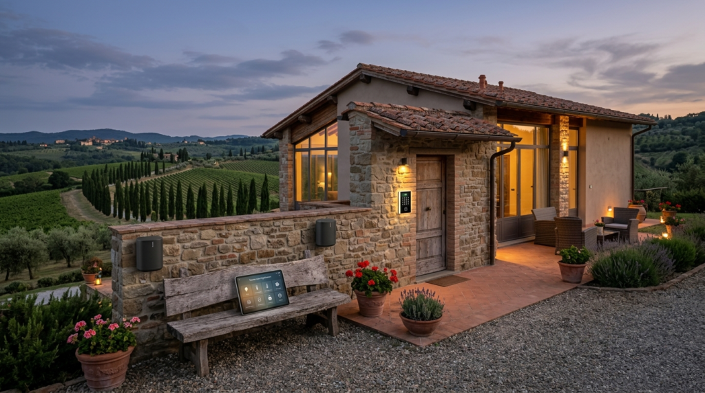 Wide angle view of a contemporary agriturismo villa in rolli