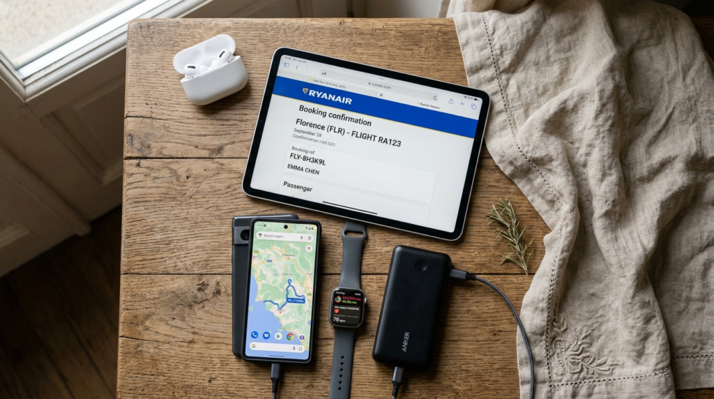 Close-up flat lay of travel planning essentials: smartphone 