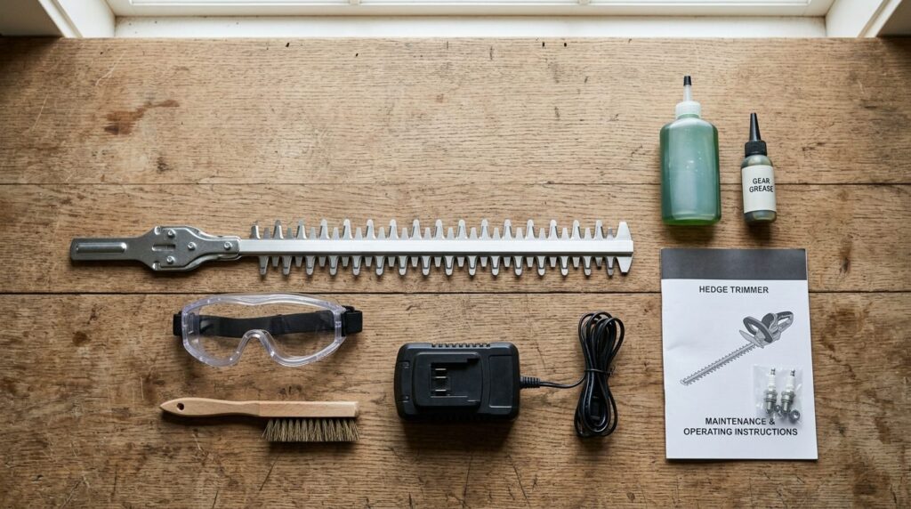 Flat lay overhead shot of hedge trimmer maintenance supplies