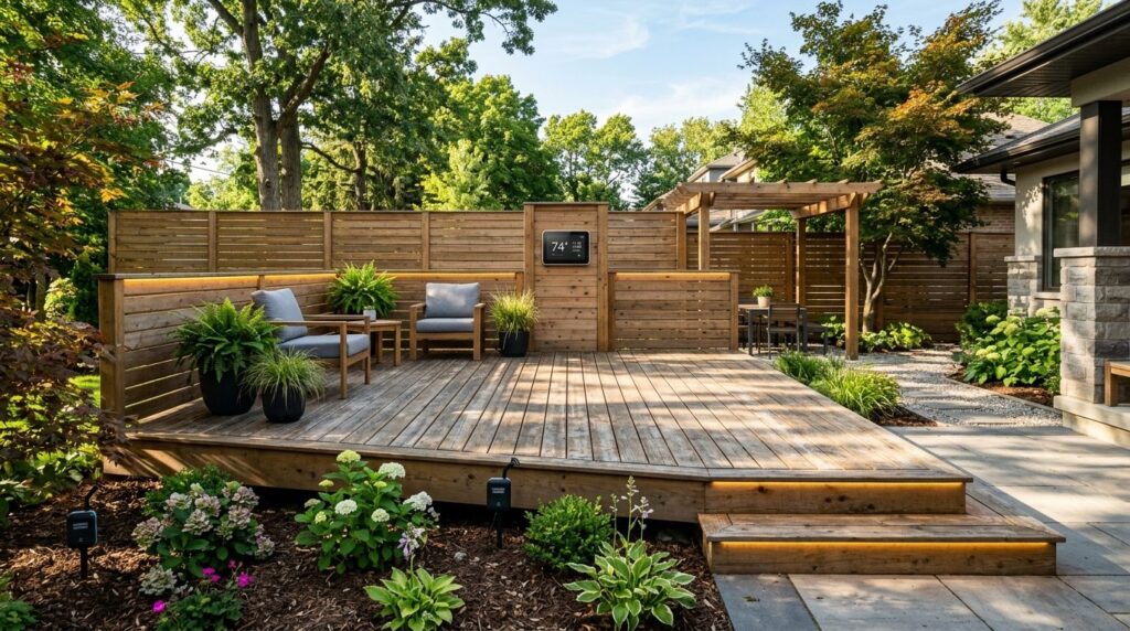 Wide angle photograph of a well-maintained wooden deck and f