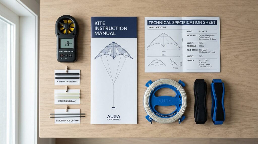 Overhead flat-lay composition of kite accessories and specif