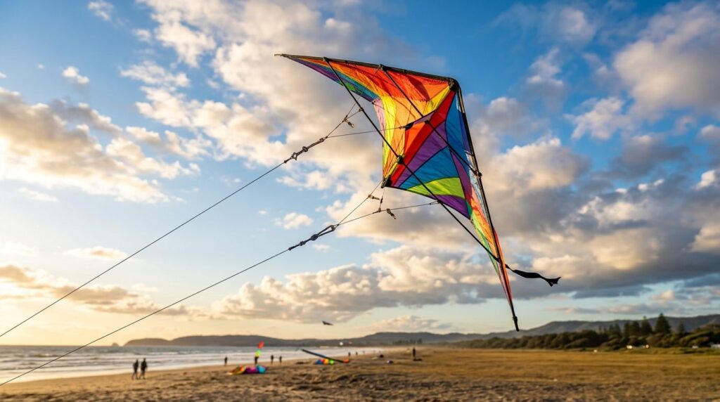 Dynamic outdoor action shot of a colorful kite in flight aga
