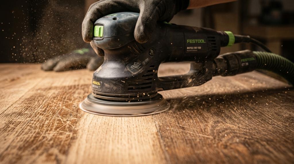 Close-up macro photography of floor sanding equipment and du