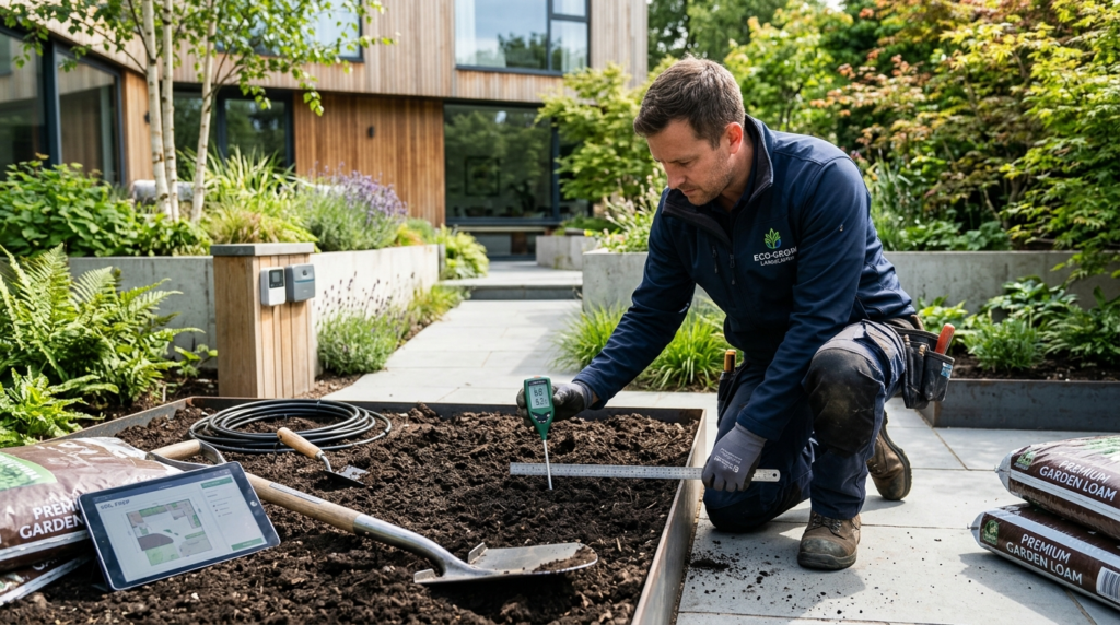 Modern smart garden installation scene showing landscape con
