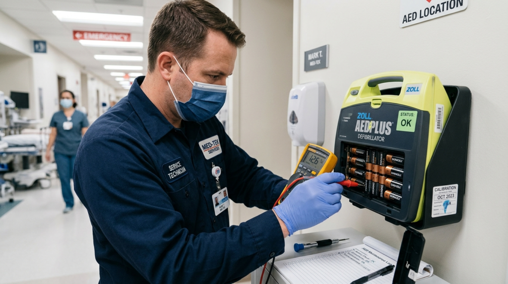 Close-up photorealistic image of a defibrillator maintenance