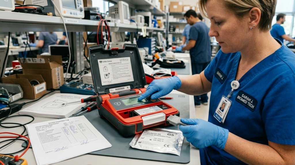 Close-up detailed view of an AED defibrillator device being 