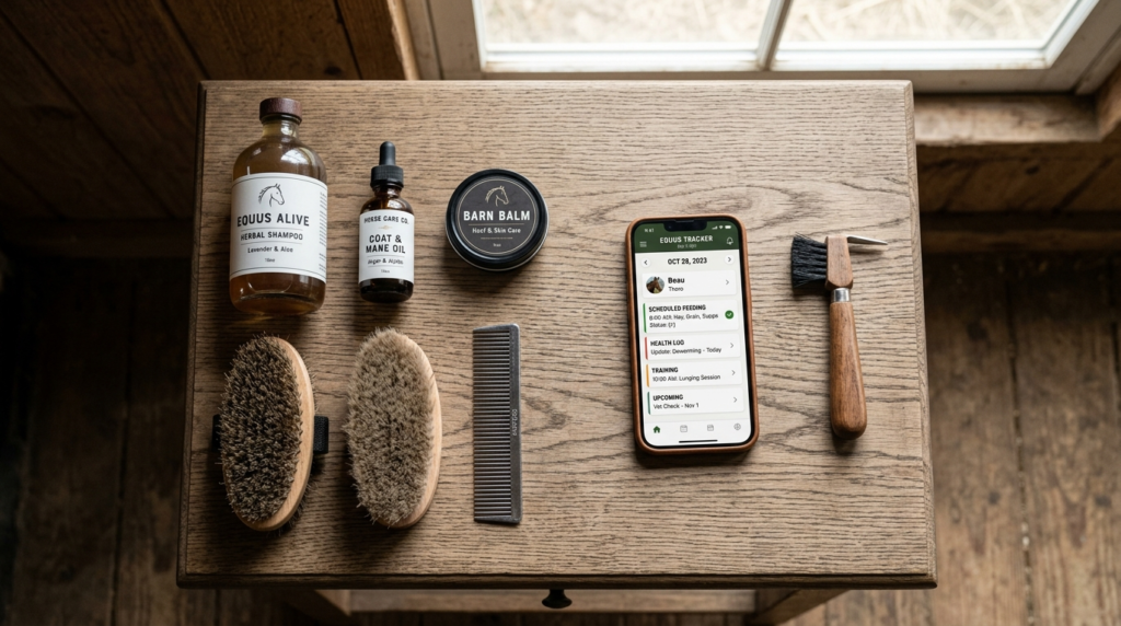 Close-up overhead shot of a wooden grooming table organized