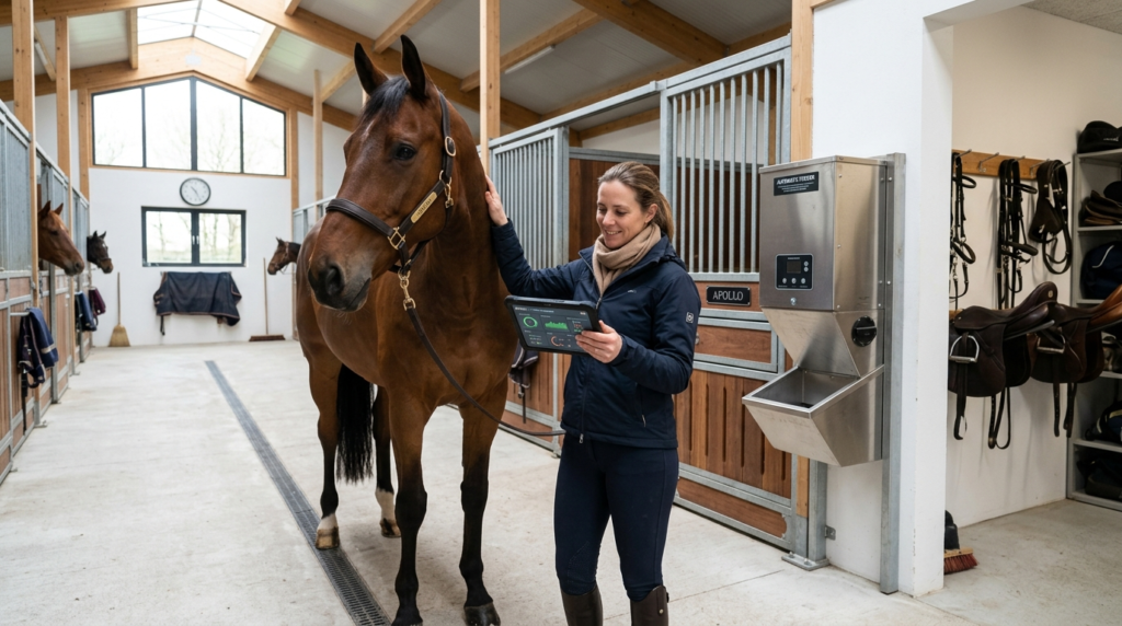 Wide-angle photograph of a horse owner in modern casual atti