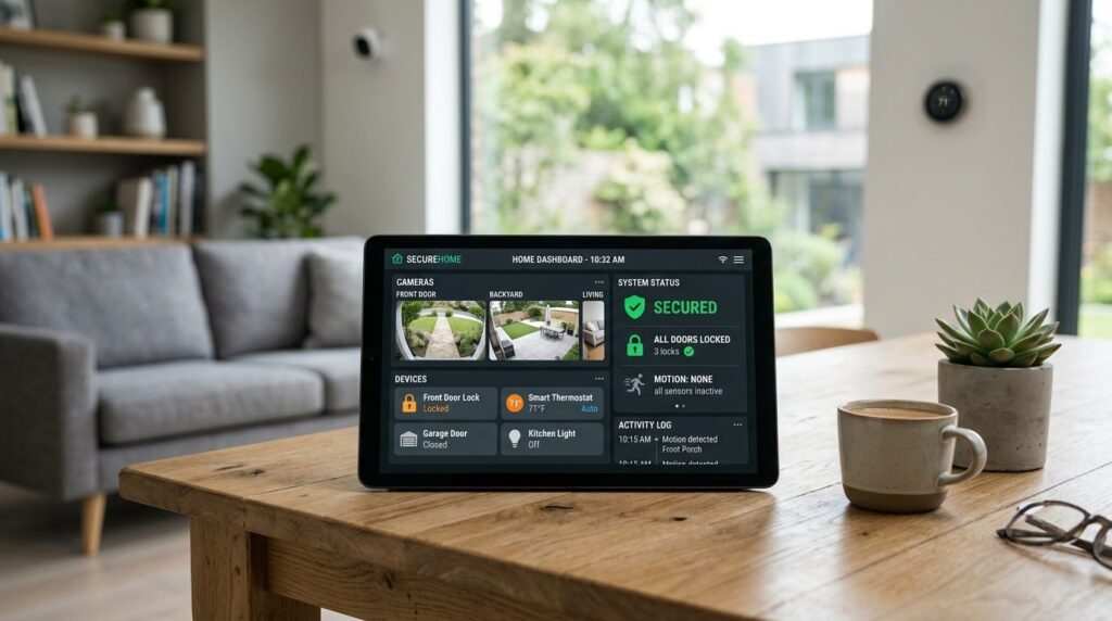 Photorealistic image of a tablet displaying home security ap