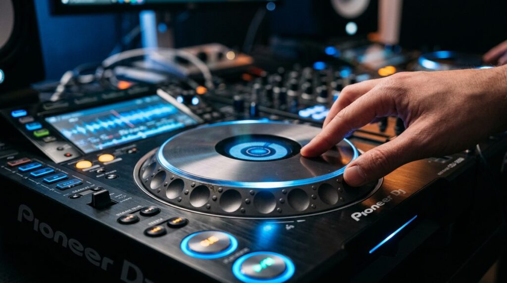 Close-up detail shot of Pioneer DJ equipment controls and bu