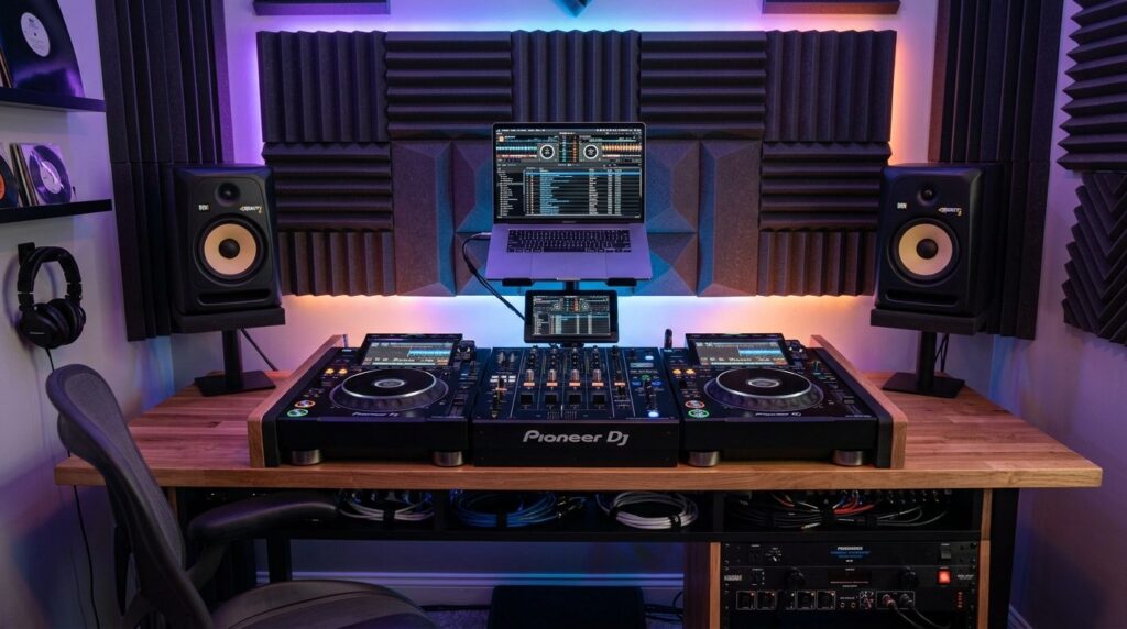 Modern home DJ studio with symmetrical setup of Pioneer equi