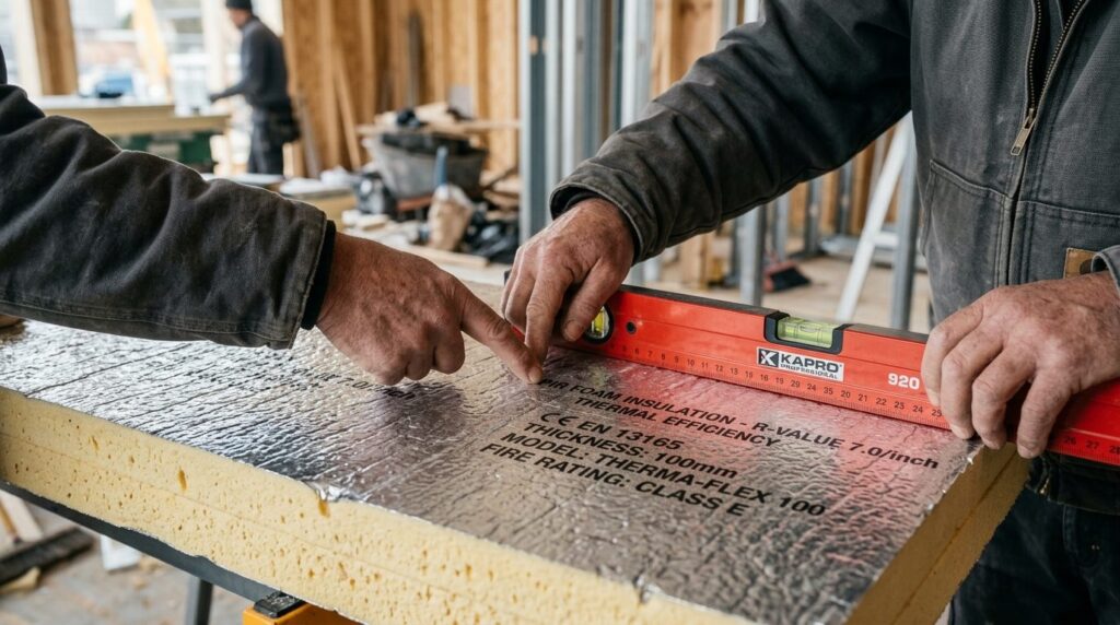 Close-up detail shot of PIR insulation rigid foam board text