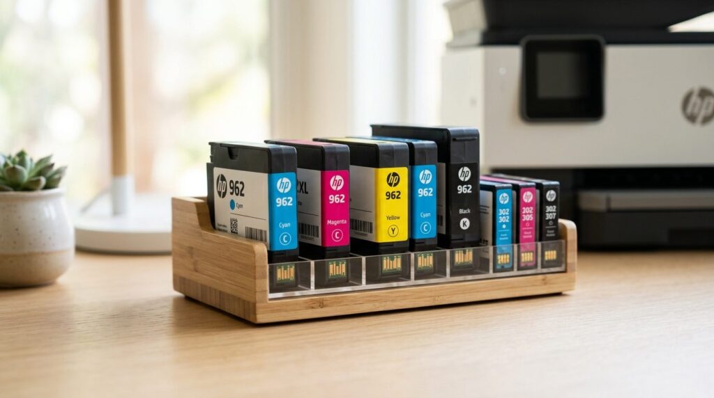 Close-up of colorful HP printer cartridges and ink cartridge