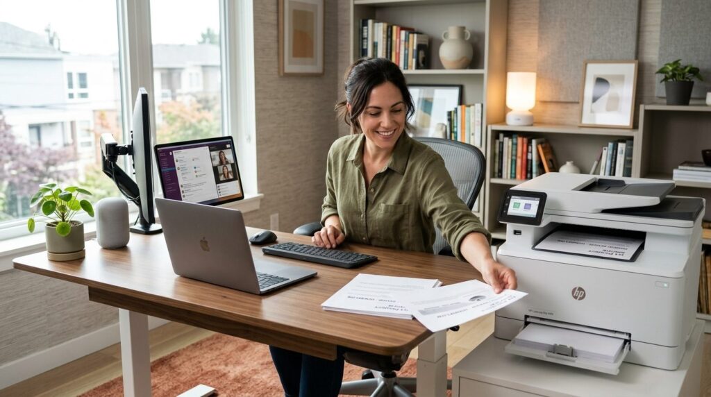 Hybrid remote worker at modern home office desk printing doc