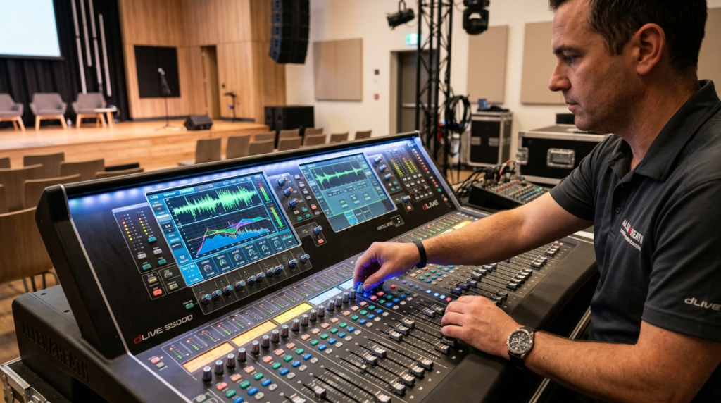 Person adjusting equalizer settings on a professional audio 