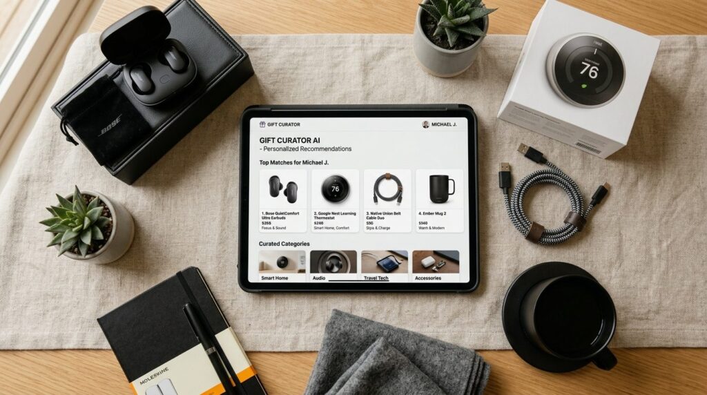 Close-up flatlay photography of AI-personalized gift recomme