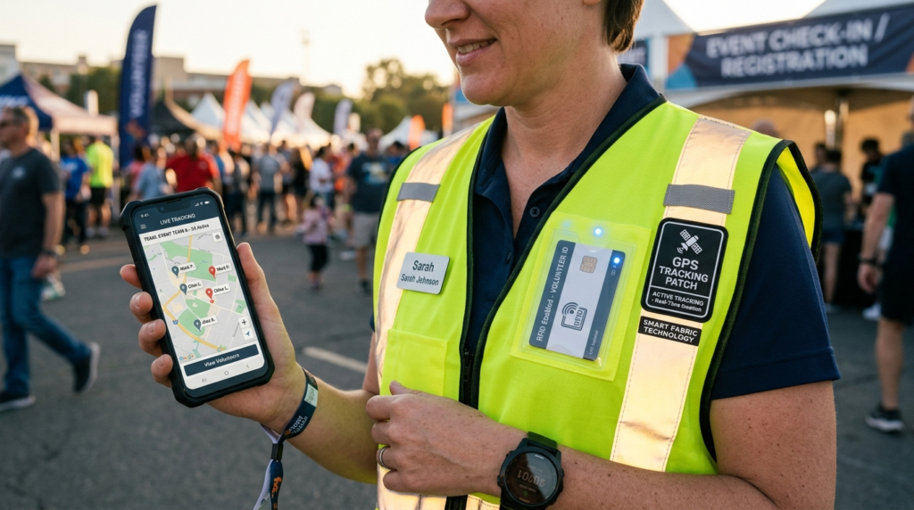 Close-up detail shot of a reflective safety vest on a volunt