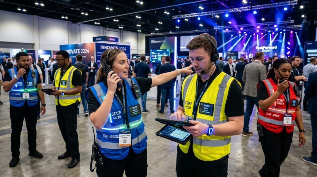 Dynamic scene of event staff wearing color-coded reflective 