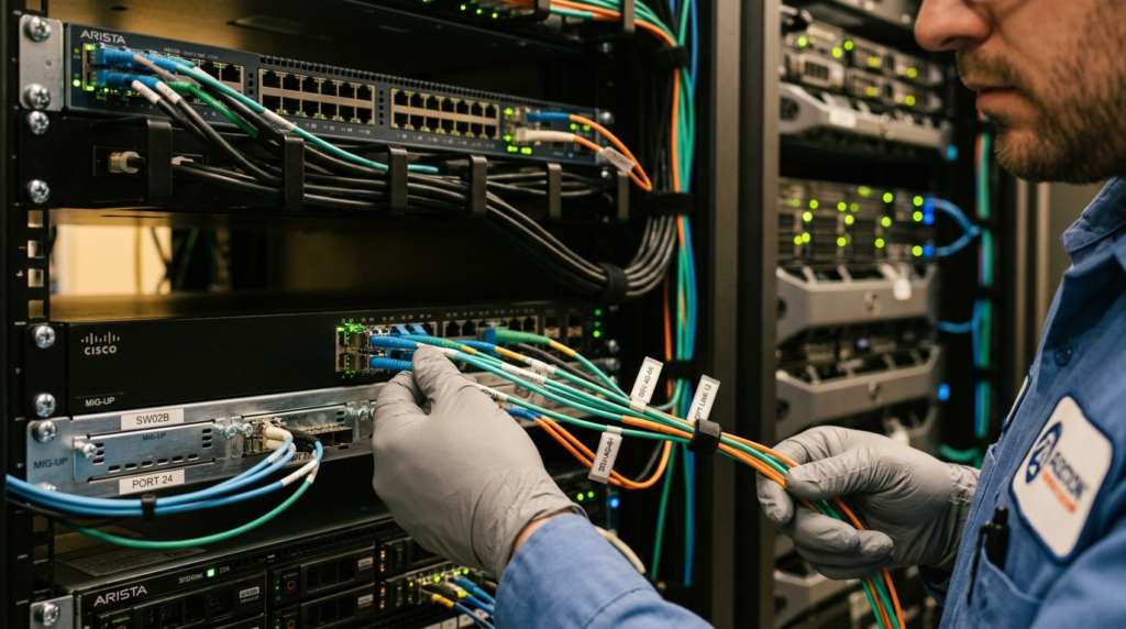 Close-up of hands holding fiber optic cables and network por