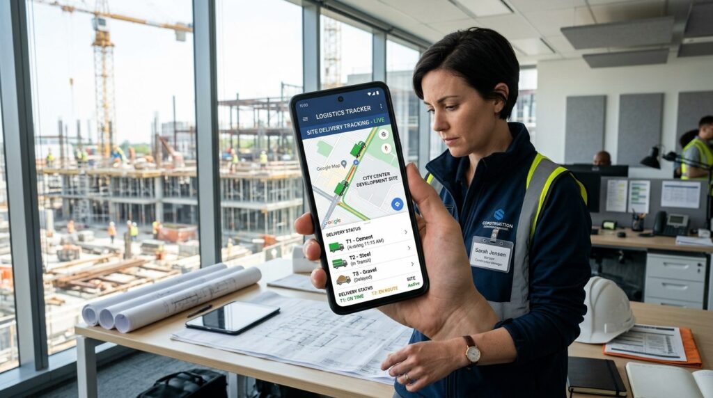 Close-up of construction manager using mobile app to track r