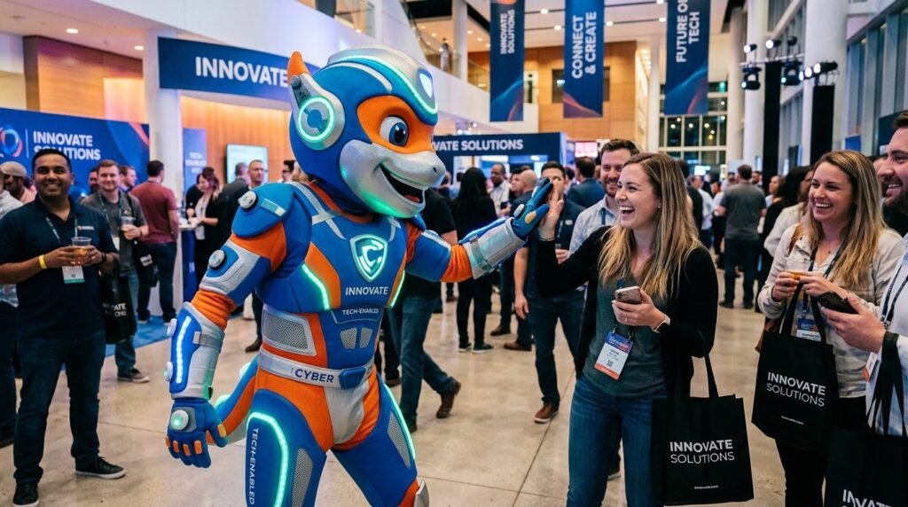Live event scene showing an interactive mascot character in 