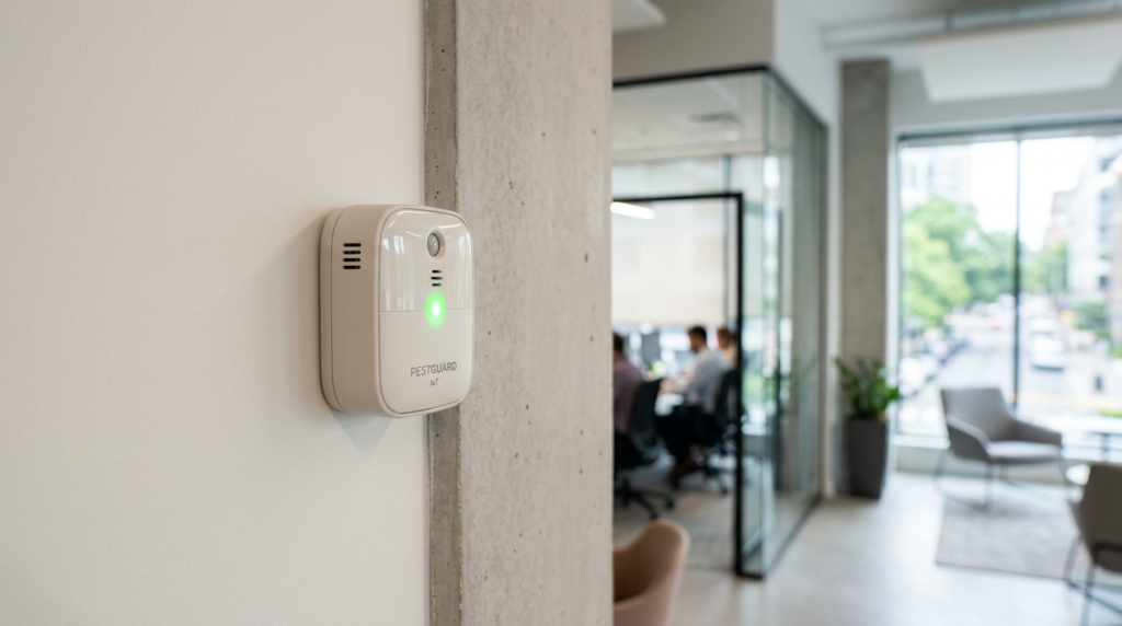 Close-up of small wireless IoT pest detection sensor mounted