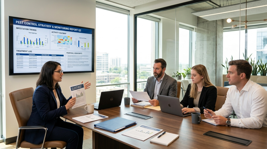 Property management team in modern conference room reviewing