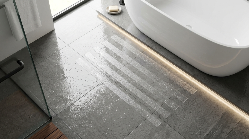 Contemporary bathroom with heated floor tiles, detailed over
