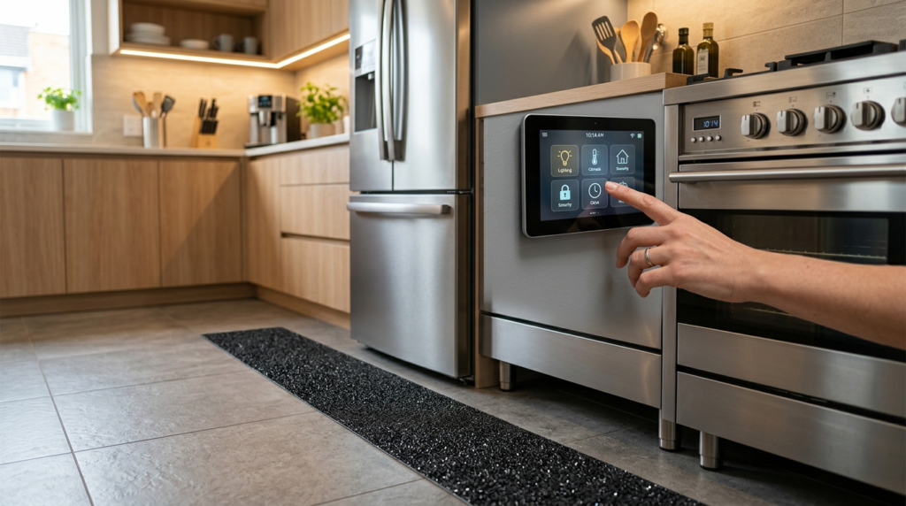 Modern kitchen with smart home technology visible, close-up