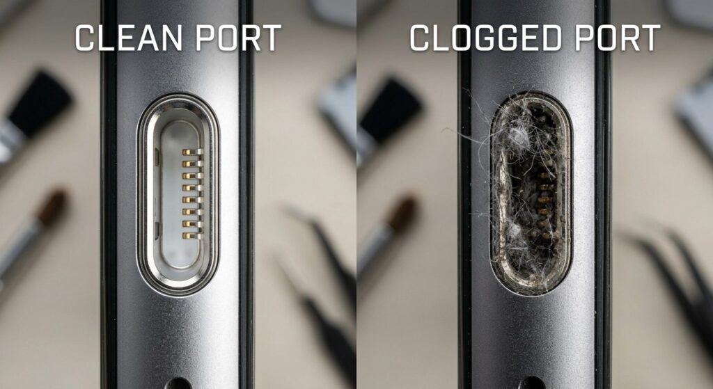 Sammenligning af ren og snavset iPhones ladeport ved siden af hinanden.