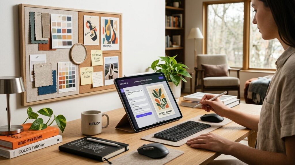 Close-up of a designers workspace with tablet displaying AI